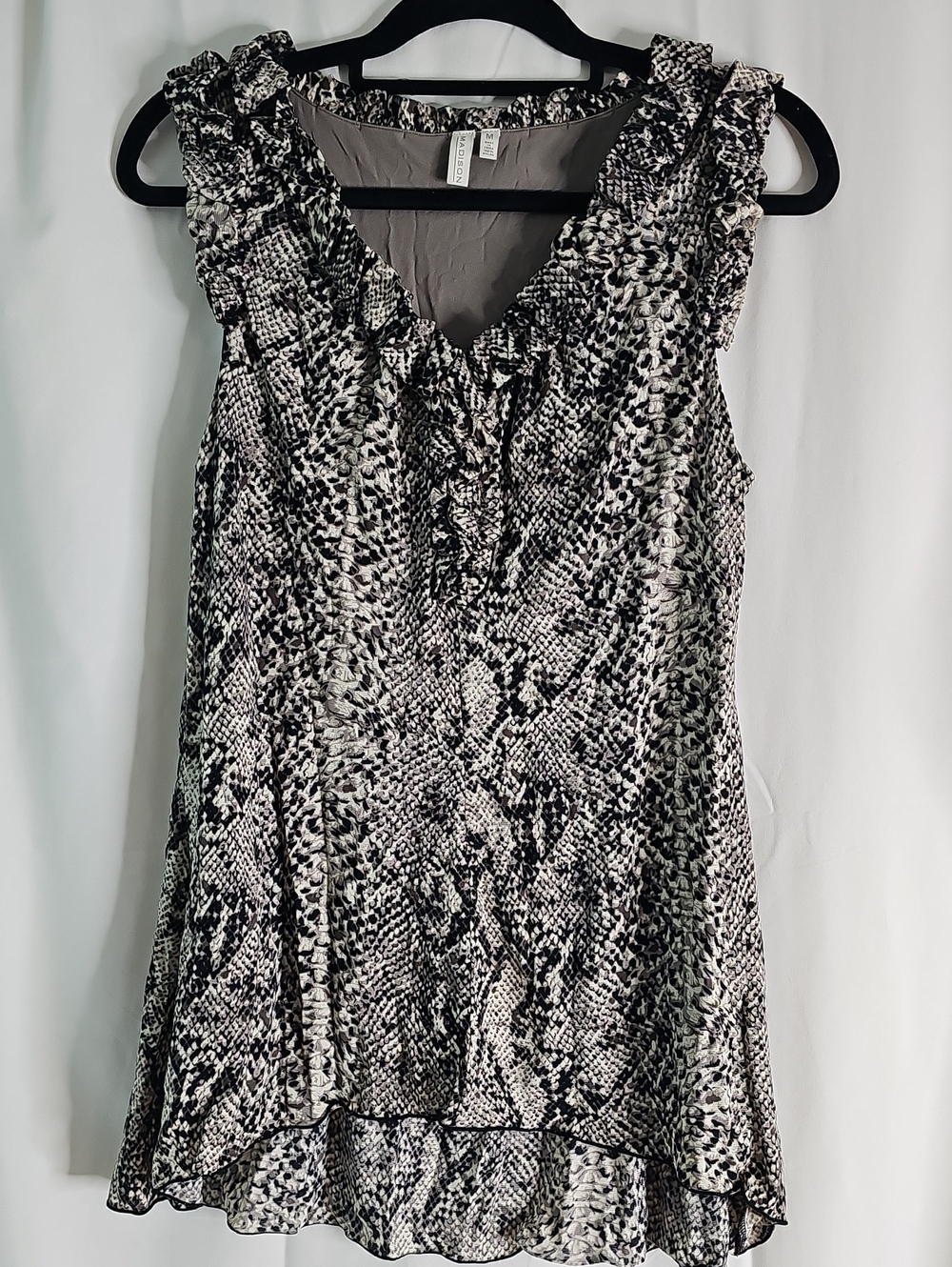 Madison Black and Cream Snake-Print Ruffle Blouse